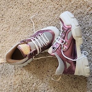 Gucci Metallic Purple White Leather Trek Sneaker Shoes Sz. 38